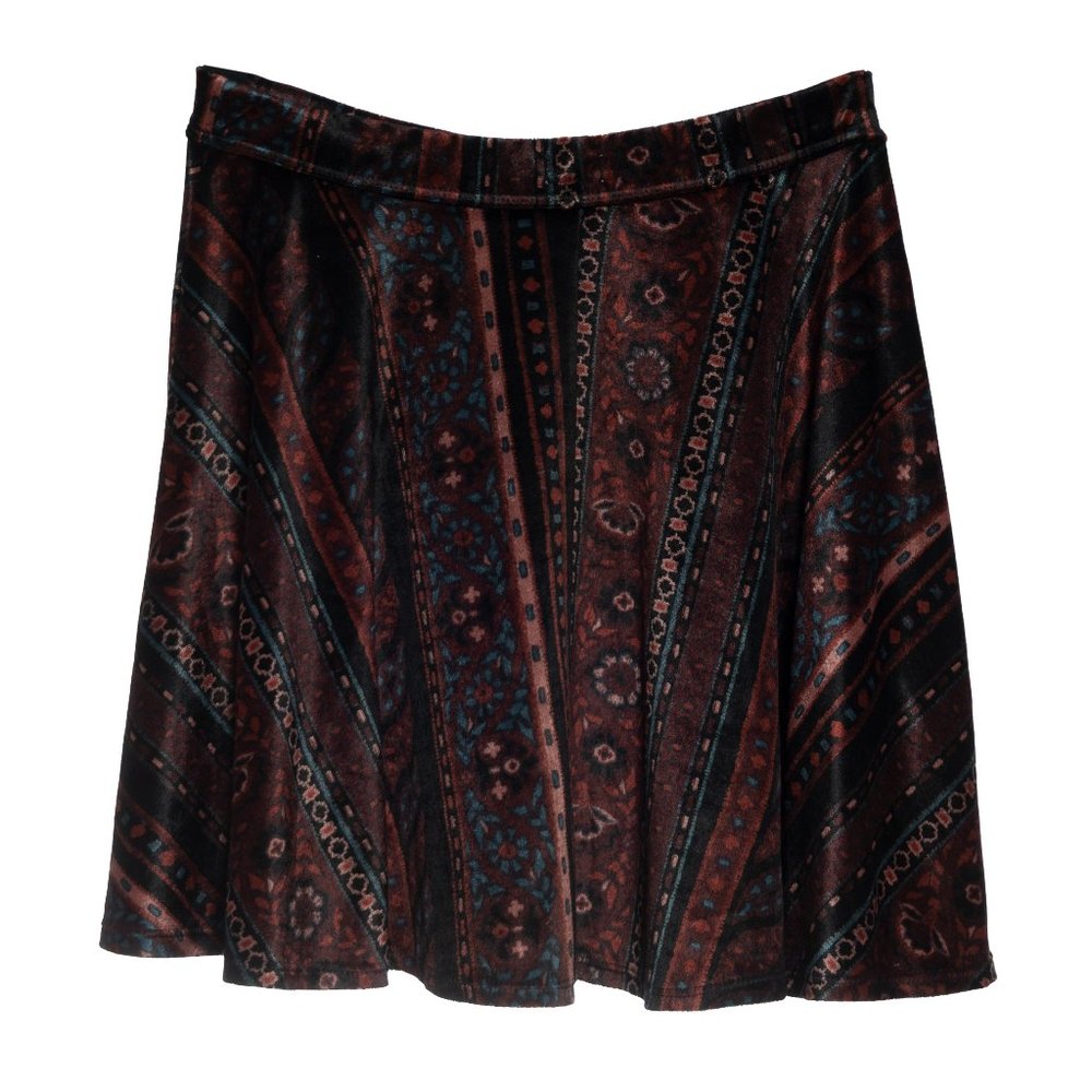 Hollister Burgundy Geo Floral Print Velvet Mini Skater Skirt Size Small - Picture 2 of 4